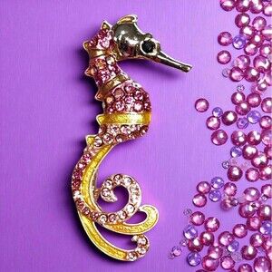 Rare Pink & Yellow Rhinestone Seahorse Brooch Pendant Vintage Gold Tone Enamel